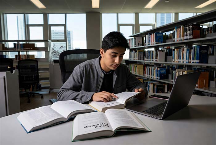 درس خواندن در کتابخانه 